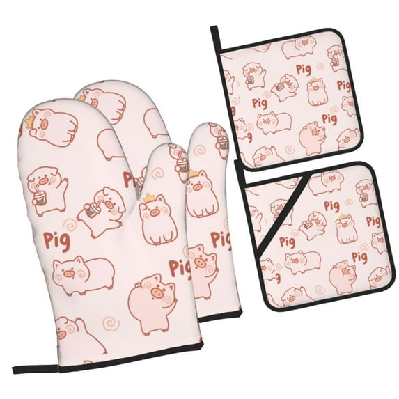 Pink Cartoon Pig Oven Mitts and Pot Holders Sets Baking Sets for Kitchen BBQ Gloves Heat Resistant Cooking Cute Animal 4 Pieces