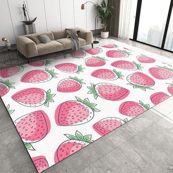 Pink Cartoon Strawberry Area Rug, Modern Cute Girls Bedroom Rugs, Indoor Non-Slip Kids Rugs, Washable Breathable Durable Carpet For Room Sofa Living Room Home Decor Floor Mats 1x2ft