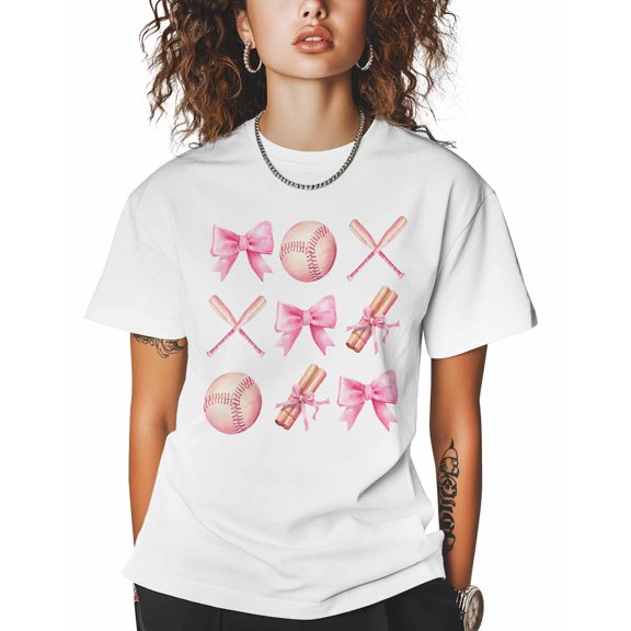 Pink Cartoon T Shirts for Women Short Sleeve Cotton Crewneck T-Shirt Sweet Bow Baseball Bat Tee Tops Casual Basic T-Shirts, XS-5XL White S