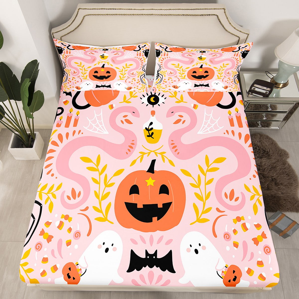 Pink Cartoon Twin Bed Sheets for Girls Bedroom Decor,Halloween Themed