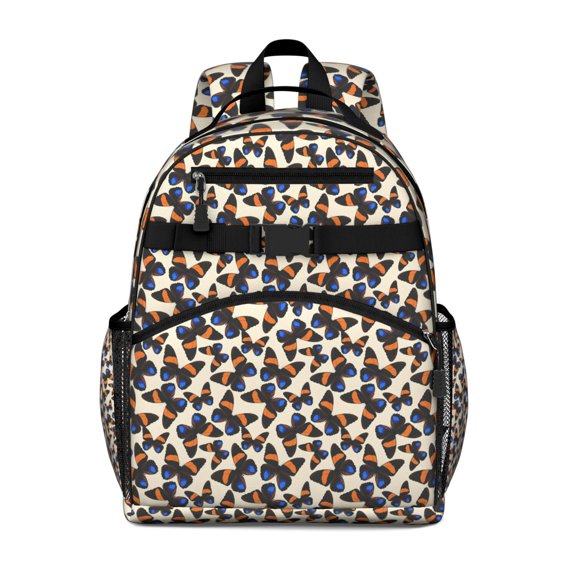 Beige Butterfly Blue Orange Pattern Backpack for School,Cute School Bag,Schoolbag with Adjustable Shoulder Straps & Padded Back,15.25"x11.5"x5.25"
