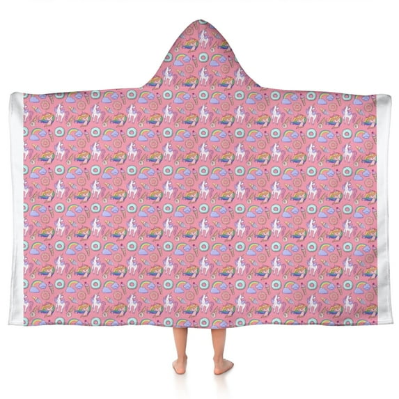 Pink Cartoon Unicorn Dessert Pattern Hooded Bath Towel,50"x30" for Ages 3 To 12 Kids, Quick Dry Lightweight Soft Microfiber Hood Beach Towel Cover Up for Kids