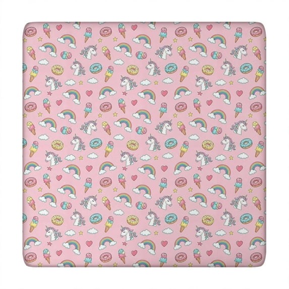 Pink Cartoon Unicorn Dessert Rainbow Heart Pattern Square Fitted Tablecloth with Elastic Edge,Square Table Cover,Washable Elastic Table Cover for Home Kitchen Party Decor 34"x34"
