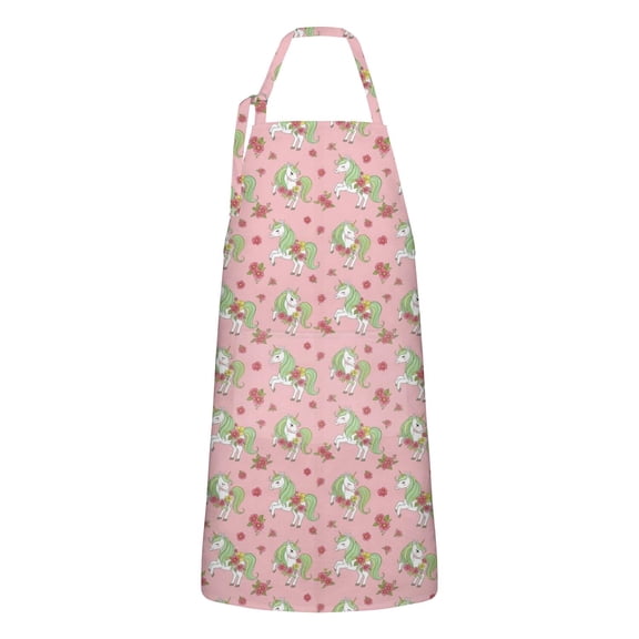 Pink Cartoon Unicorn Flower Pattern Apron-Garden Aprons for Women with Pockets-Cotton Linen Waterproof Kitchen Cooking Gardening Aprons Adjustable for Kitchen,Cooking,BBQ and Salon 33x27 Inch