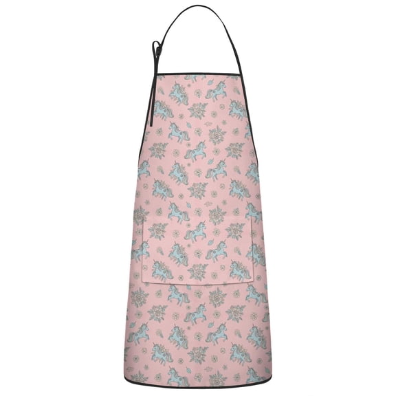Pink Cartoon Unicorn Flower Pattern Apron-Garden Aprons for Women with Pockets-Cotton Linen Waterproof Kitchen Cooking Gardening Aprons Adjustable for Kitchen,Cooking,BBQ and Salon 33x27 Inch