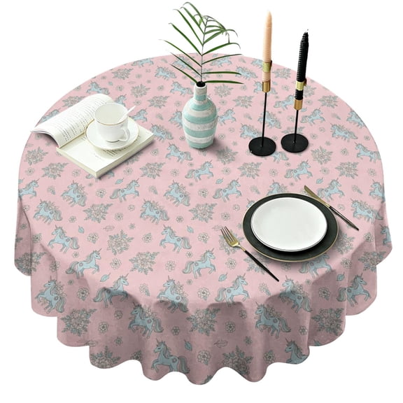 Pink Cartoon Unicorn Flower Pattern Round Tablecloth 60"x60",Wrinkle Wipeable Table Cloth for Kitchen Dining Room Picnic Patio Party