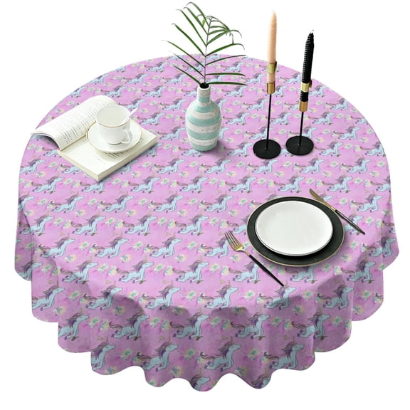 Pink Cartoon Unicorn Flower Pattern Round Tablecloth 60"x60",Wrinkle Wipeable Table Cloth for Kitchen Dining Room Picnic Patio Party