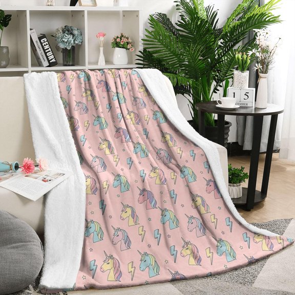 Pink Cartoon Unicorn Lightning Pattern Blanket,Comfortable Soft Flannel Throw Blanket,All Season,Warm Lightweight Blankets for Sofa Bed Couch Living Room Chair,50"x60"