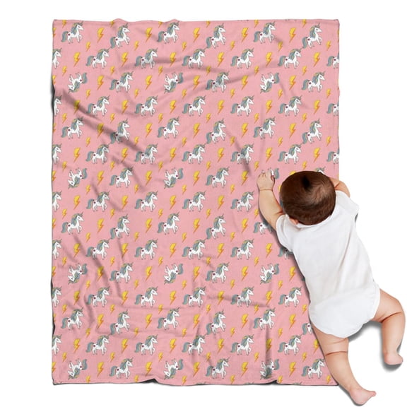 Pink Cartoon Unicorn Lightning Pattern Blanket,Comfortable Soft Flannel Throw Blanket,All Season,Warm Lightweight Blankets for Sofa Bed Couch Living Room Chair,30"x40"