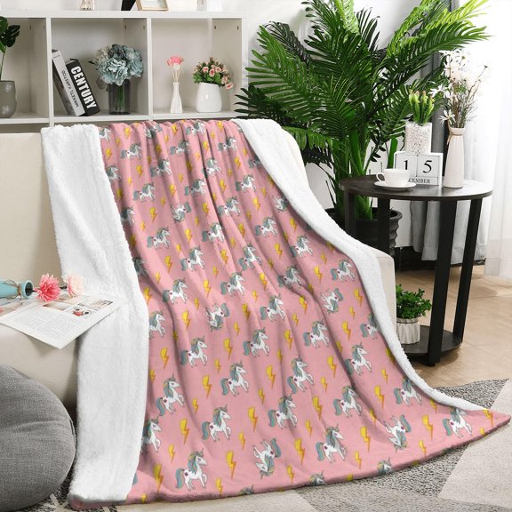 Pink Cartoon Unicorn Lightning Pattern Blanket,Comfortable Soft Flannel Throw Blanket,All Season,Warm Lightweight Blankets for Sofa Bed Couch Living Room Chair,50"x60"