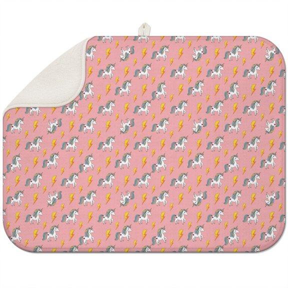 Pink Cartoon Unicorn Lightning Pattern Dish Drying Mat for Kitchen 1 Pack, Ultra Absorbent Microfiber Dishes Drainer Mats,18"x24"