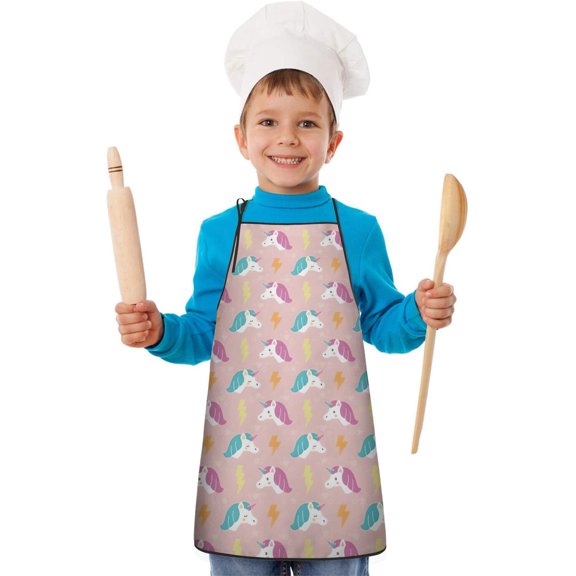 Pink Cartoon Unicorn Lightning Pattern Kids Aprons for Girls and Boys,Adjustable Neck Strap Toddler Aprons for Kids Cooking Baking
