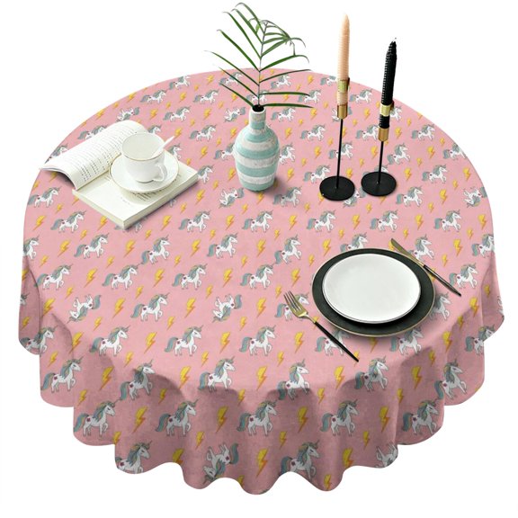 Pink Cartoon Unicorn Lightning Pattern Round Tablecloth 60"x60",Wrinkle Wipeable Table Cloth for Kitchen Dining Room Picnic Patio Party