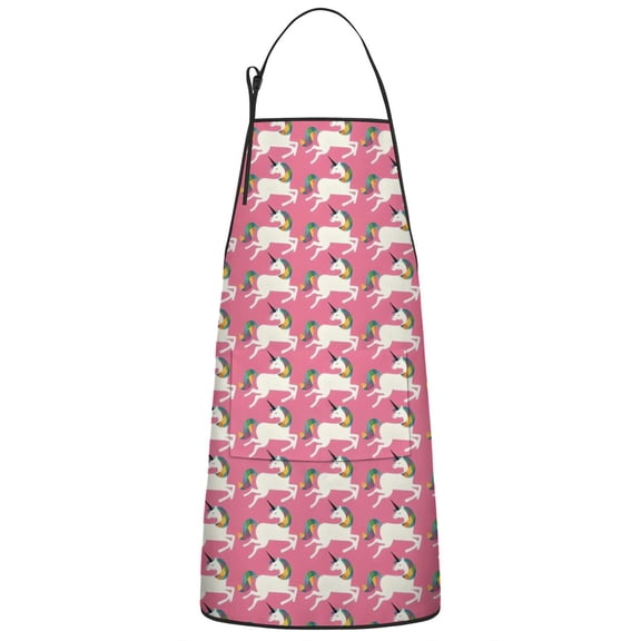 Pink Cartoon Unicorn Pattern Apron-Garden Aprons for Women with Pockets-Cotton Linen Waterproof Kitchen Cooking Gardening Aprons Adjustable for Kitchen,Cooking,BBQ and Salon 33x27 Inch