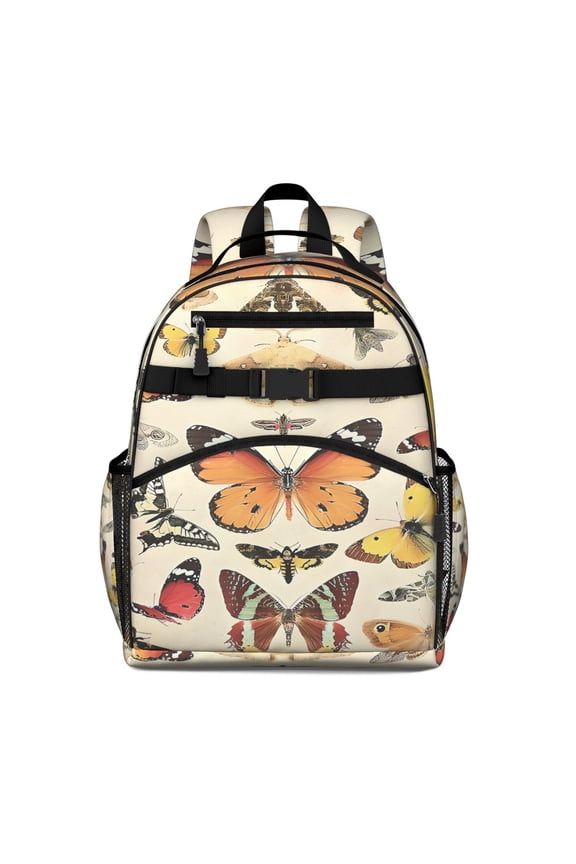 Beige Butterfly Moth Pattern Backpack for School,Cute School Bag,Schoolbag with Adjustable Shoulder Straps & Padded Back,15.25"x11.5"x5.25"