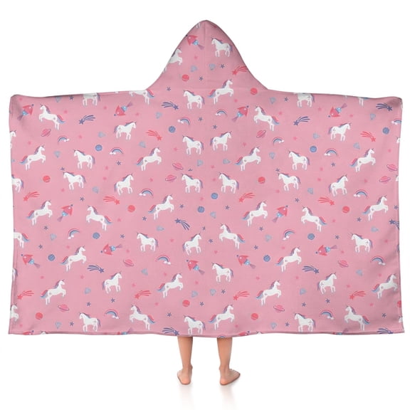 Pink Cartoon Unicorn Pattern Hooded Bath Towel,50"x30" for Ages 3 To 12 Kids, Quick Dry Lightweight Soft Microfiber Hood Beach Towel Cover Up for Kids