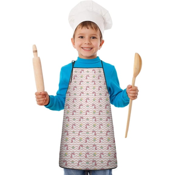 Pink Cartoon Unicorn Pattern Kids Aprons for Girls and Boys,Adjustable Neck Strap Toddler Aprons for Kids Cooking Baking