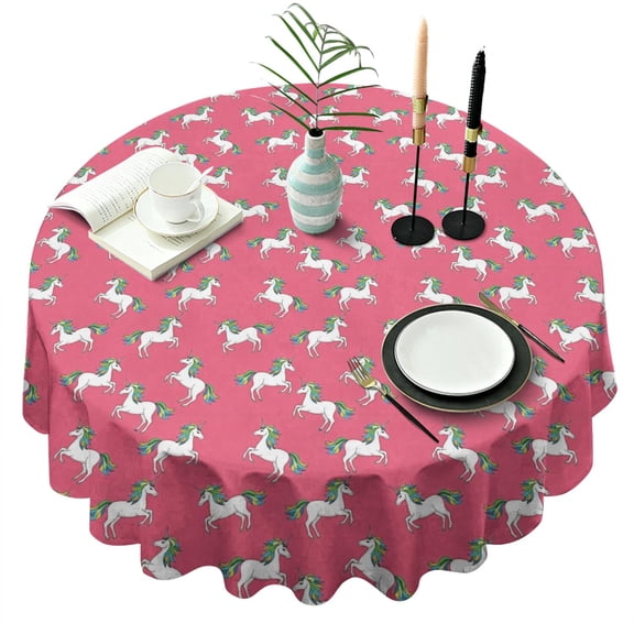 Pink Cartoon Unicorn Pattern Round Tablecloth 60"x60",Wrinkle Wipeable Table Cloth for Kitchen Dining Room Picnic Patio Party