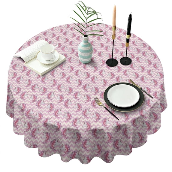Pink Cartoon Unicorn Pattern Round Tablecloth 60"x60",Wrinkle Wipeable Table Cloth for Kitchen Dining Room Picnic Patio Party