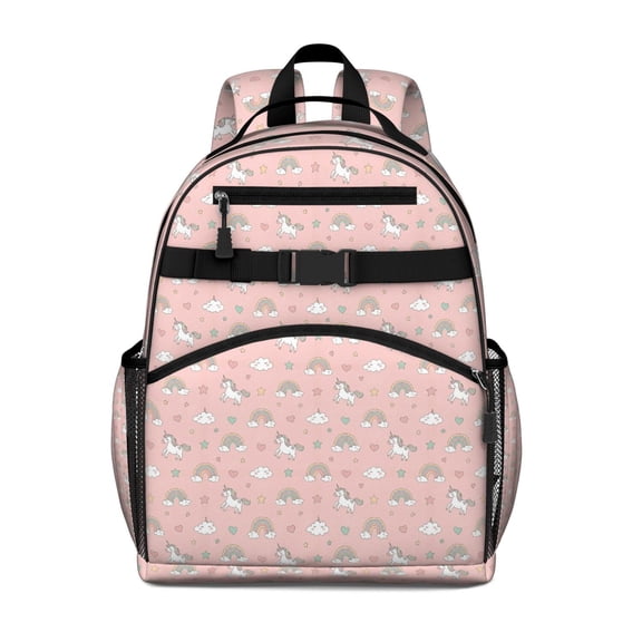 Pink Cartoon Unicorn Rainbow Cloud Heart Star Backpack for School,Cute School Bag,Schoolbag with Adjustable Shoulder Straps & Padded Back,15.25"x11.5"x5.25"