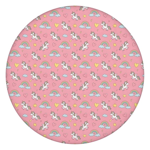 Pink Cartoon Unicorn Rainbow Cloud Heart Star Pattern Round Fitted Tablecloth with Elastic Edge,Dining Table Cover Waterproof,Outdoor Round Tablecloth for Camping,Dining,Indoor and Outdoor