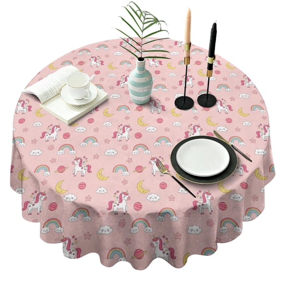 Pink Cartoon Unicorn Rainbow Cloud Moon Planet Round Tablecloth 60"x60",Wrinkle Wipeable Table Cloth for Kitchen Dining Room Picnic Patio Party