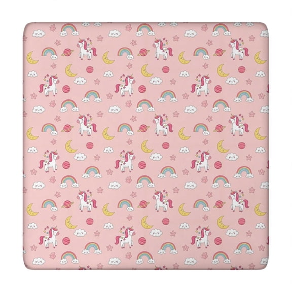 Pink Cartoon Unicorn Rainbow Cloud Moon Planet Square Fitted Tablecloth with Elastic Edge,Square Table Cover,Washable Elastic Table Cover for Home Kitchen Party Decor 34"x34"