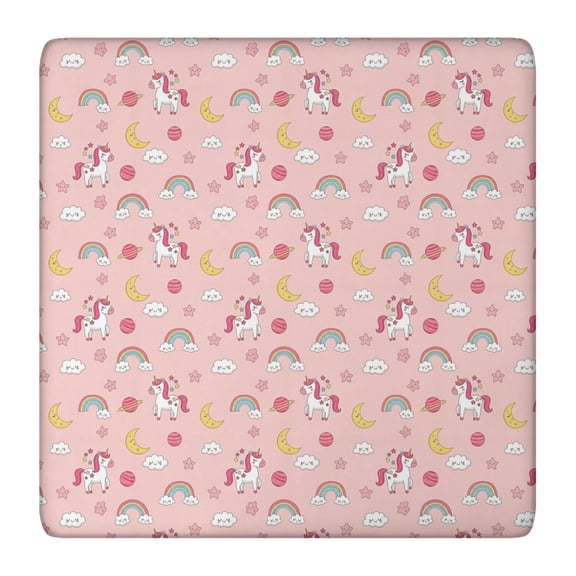 Pink Cartoon Unicorn Rainbow Cloud Moon Planet Square Fitted Tablecloth with Elastic Edge,Square Table Cover,Washable Elastic Table Cover for Home Kitchen Party Decor 36"x36"