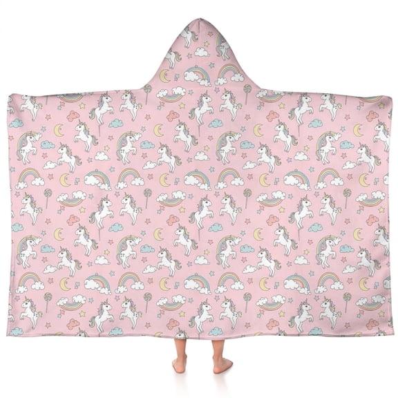 Pink Cartoon Unicorn Rainbow Cloud Moon Star Hooded Bath Towel,60"x35" for Ages 3 To 12 Kids, Quick Dry Lightweight Soft Microfiber Hood Beach Towel Cover Up for Kids