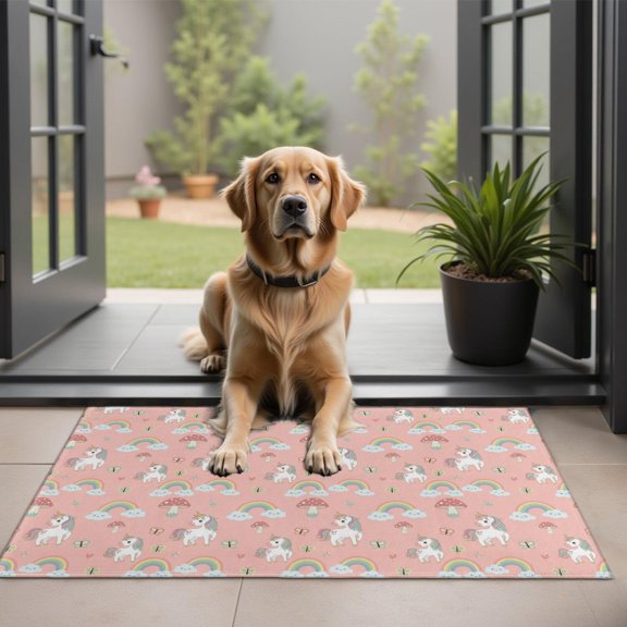 Pink Cartoon Unicorn Rainbow Cloud Mushroom Butterfly Door Rugs,Washable Non Slip Door Mats Indoor,Decorative Door Mats,Entry Mat Indoor for Entrance,Bedroom,Kitchen,Bathroom,20"x32"