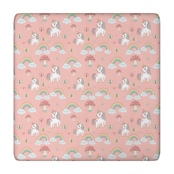 Pink Cartoon Unicorn Rainbow Cloud Mushroom Butterfly Square Fitted Tablecloth with Elastic Edge,Square Table Cover,Washable Elastic Table Cover for Home Kitchen Party Decor 34"x34"