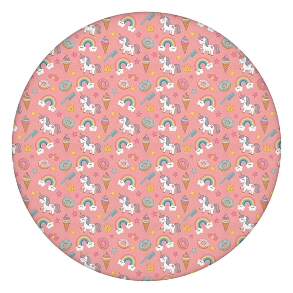 Pink Cartoon Unicorn Rainbow Donut Ice Cream Round Fitted Tablecloth with Elastic Edge,Dining Table Cover Waterproof,Outdoor Round Tablecloth for Camping,Dining,Indoor and Outdoor