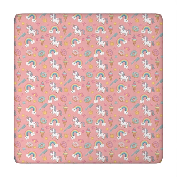 Pink Cartoon Unicorn Rainbow Donut Ice Cream Square Fitted Tablecloth with Elastic Edge,Square Table Cover,Washable Elastic Table Cover for Home Kitchen Party Decor 34"x34"
