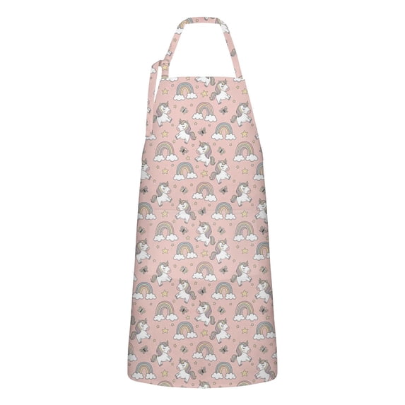 Pink Cartoon Unicorn Rainbow Star Butterfly Apron-Garden Aprons for Women with Pockets-Cotton Linen Waterproof Kitchen Cooking Gardening Aprons Adjustable for Kitchen,Cooking,BBQ and Salon 33x27 Inch