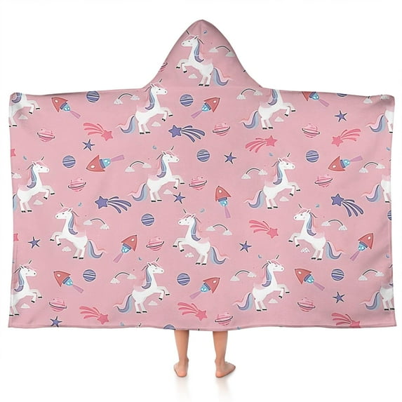 Pink Cartoon Unicorn Space Pattern Hooded Bath Towel,50"x30" for Ages 3 To 12 Kids, Quick Dry Lightweight Soft Microfiber Hood Beach Towel Cover Up for Kids
