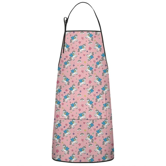 Pink Cartoon Unicorn Star Pattern Apron-Garden Aprons for Women with Pockets-Cotton Linen Waterproof Kitchen Cooking Gardening Aprons Adjustable for Kitchen,Cooking,BBQ and Salon 33x27 Inch