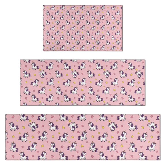 Pink Cartoon Unicorn Star Pattern Kitchen Rugs Sets Of 3,Kitchen Runner Rugs Non Skid Washable,Decorative Kitchen Floor Mats for Kitchen,Sink,Laundry,17"x30"+ 17"x47" + 17"x59"