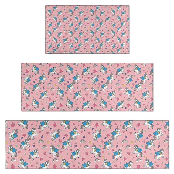 Pink Cartoon Unicorn Star Pattern Kitchen Rugs Sets Of 3,Kitchen Runner Rugs Non Skid Washable,Decorative Kitchen Floor Mats for Kitchen,Sink,Laundry,17"x30"+ 17"x47" + 17"x59"