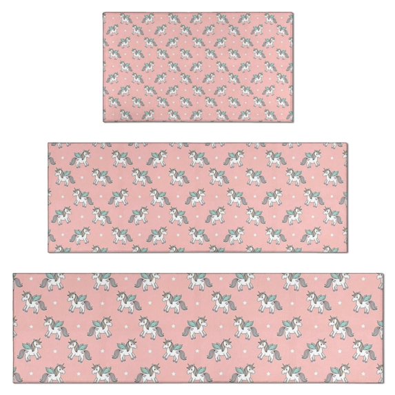 Pink Cartoon Unicorn Star Pattern Kitchen Rugs Sets Of 3,Kitchen Runner Rugs Non Skid Washable,Decorative Kitchen Floor Mats for Kitchen,Sink,Laundry,17"x30"+ 17"x47" + 17"x59"