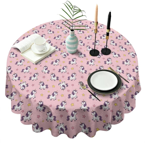 Pink Cartoon Unicorn Star Pattern Round Tablecloth 60"x60",Wrinkle Wipeable Table Cloth for Kitchen Dining Room Picnic Patio Party
