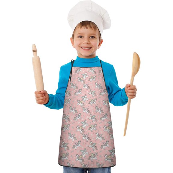 Pink Cartoon Winged Unicorn Floral Pattern Kids Aprons for Girls and Boys,Adjustable Neck Strap Toddler Aprons for Kids Cooking Baking