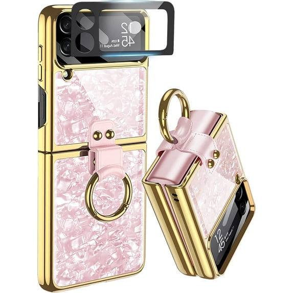 Pink Case Compatible for Galaxy Z Flip 4 Case with Ring,Electroplate Samsung Z Flip 4 Case with Camera Screen Protector Samsung Flip 4 Case, Stand Phone Case for Samsung Galaxy Z Flip 4 5G Case