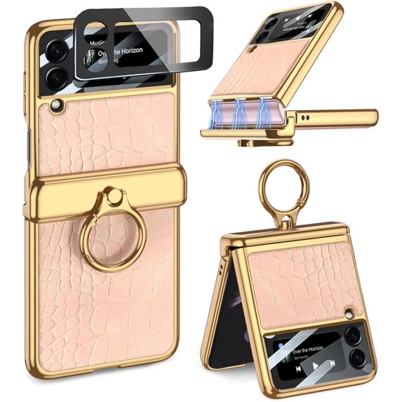 Pink Case Compatible for Samsung Galaxy Z Flip 3 Hinged Case with Ring,360° Magnetic All-Inclusive Luxury Leather Samsung Flip 3 Case Cover,Phone Case for Samsung Galaxy Z Flip 3 5G Case Cute