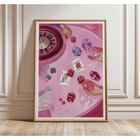 Pink Casino Art Print | Glamorous Dice, Cards, Roulette Poster UNFRAMED