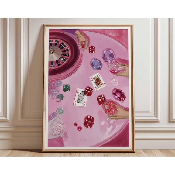 Pink Casino Glamorous Gambling Playing Cards Dice Modern Wall Art Print, Unframed Paper Poster 8x10in