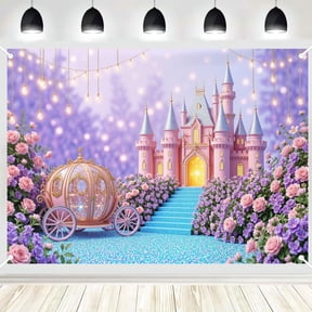 Pink Castle Carriage Floral String Lights Photo Backdrop, Fairy Tale Garden Scenery Background for Girls Birthday Party Decor 3x5ft