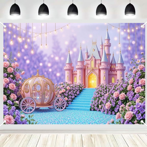 Pink Castle Carriage Floral String Lights Photo Backdrop, Fairy Tale Garden Scenery Background for Girls Birthday Party Decor 5x7ft