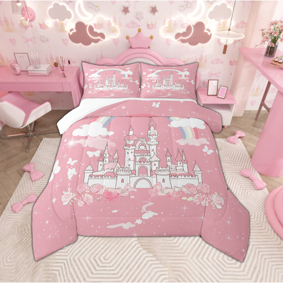 Pink Castle Comforter Set Twin Size Romantic Rose Floral Bedding Butterfly Flowers Bedding Comforter Sets Dreamy Princess Bedroom Decor Duvet Insert Cartoon Rainbow Quilt
