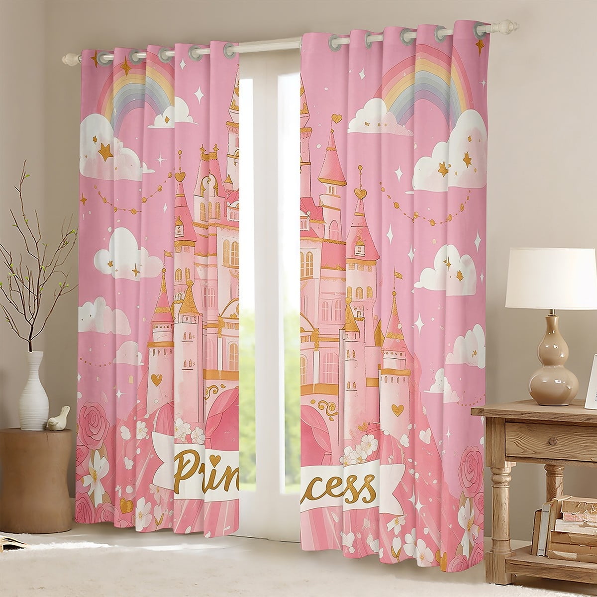 Pink Castle Curtains Girly Princess Themed Pattern 2 Panels,(42Wx63L) 2 ...