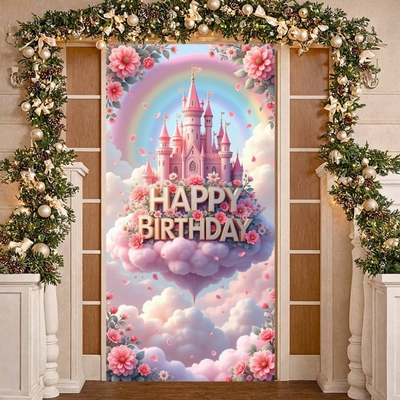 Pink Castle Design Banner Floral Decorative Princess Castle Display Rainbow Accent Golden Lettering Floral Backdrop for Girls' Birthday Party Princess Theme Party Photo Shoot Backdrop